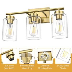 Gold Bathroom Light Fixtures, Modern Bathroom Vanity Light with Clear Glass Shade, 3 Lights Brushed Brass Bath Wall Mount Lights, Gold Wall Sconce for Kitchen Bedroom Hallway Living Room Hallway