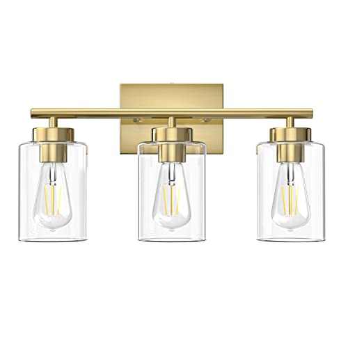Gold Bathroom Light Fixtures, Modern Bathroom Vanity Light with Clear Glass Shade, 3 Lights Brushed Brass Bath Wall Mount Lights, Gold Wall Sconce for Kitchen Bedroom Hallway Living Room Hallway