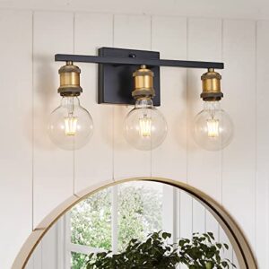 bathroom light fixtures, 3-light black and gold vanity light, bathroom lights over mirror , vanity lights for bathroom farmhouse, vintage wall sconce lighting for mirror, e26 base, globe not included
