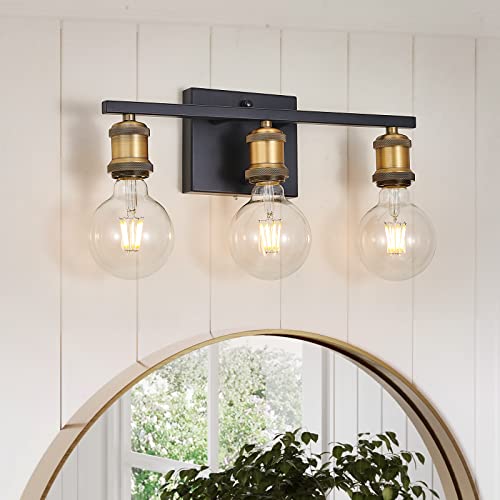 Bathroom Light Fixtures, 3-Light Black and Gold Vanity Light, Bathroom Lights over Mirror , Vanity Lights for Bathroom Farmhouse, Vintage Wall Sconce Lighting for Mirror, E26 Base, Globe Not Included