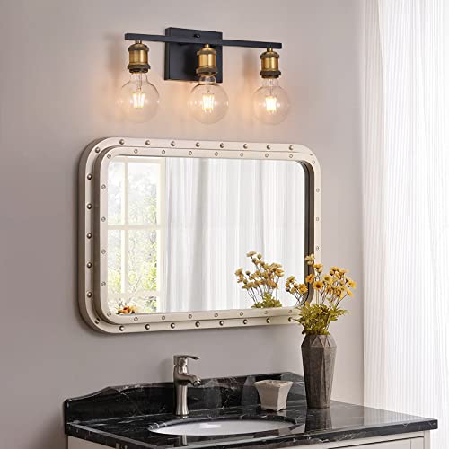 Bathroom Light Fixtures, 3-Light Black and Gold Vanity Light, Bathroom Lights over Mirror , Vanity Lights for Bathroom Farmhouse, Vintage Wall Sconce Lighting for Mirror, E26 Base, Globe Not Included