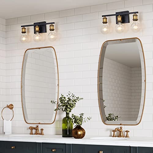 Bathroom Light Fixtures, 3-Light Black and Gold Vanity Light, Bathroom Lights over Mirror , Vanity Lights for Bathroom Farmhouse, Vintage Wall Sconce Lighting for Mirror, E26 Base, Globe Not Included