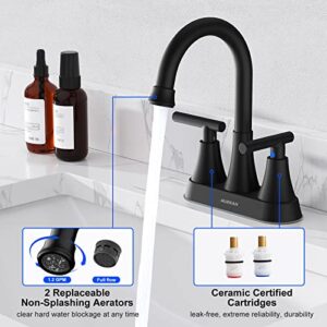 Bathroom Faucets for Sink 3 Hole, Hurran 4 inch Matte Black Bathroom Sink Faucet with Pop-up Drain and 2 Supply Hoses, Stainless Steel Lead-Free 2-Handle Centerset Faucet for Bathroom Sink Vanity RV
