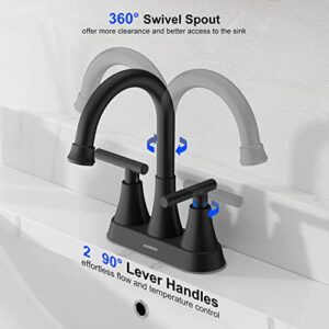 Bathroom Faucets for Sink 3 Hole, Hurran 4 inch Matte Black Bathroom Sink Faucet with Pop-up Drain and 2 Supply Hoses, Stainless Steel Lead-Free 2-Handle Centerset Faucet for Bathroom Sink Vanity RV