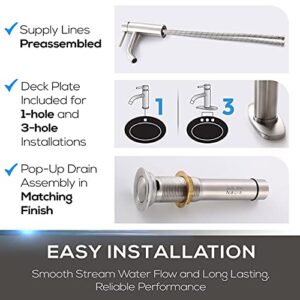 Mueller Premium Single-Hole Bathroom Sink Faucet, Single-Handle with Drain Assembly, Deck Plate for 1-Hole and 3-Holes Installations, Stainless Steel Brushed Nickel Finish, Supply Lines Preassembled