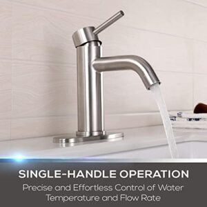 Mueller Premium Single-Hole Bathroom Sink Faucet, Single-Handle with Drain Assembly, Deck Plate for 1-Hole and 3-Holes Installations, Stainless Steel Brushed Nickel Finish, Supply Lines Preassembled