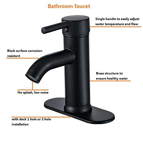 Black Bathroom Sink Faucet Single Hole Single Handle Bathroom Faucet Matte Black Vanity Faucet Modern RV Faucet Deck Mount 1 Hole or 3 Holes