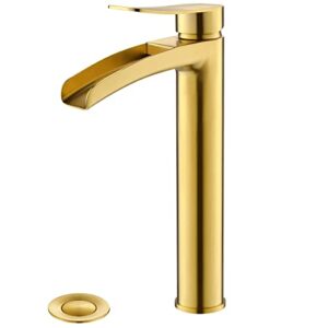 brushed gold single hole bathroom faucet, waterfall single handle modern bathroom faucet, tall vessel bathroom faucet with pop up drain and water supply line by phiestina, ns-sf01-bg-v