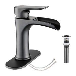 Waterfall Bathroom Faucet Black YUNDOOM Matte Black Bathroom Faucet with Pop Up Drain Single Handle One Hole or Three Holes Vanity Faucet Farmhouse RV Bathroom Vessel Basin Faucet Deck Mount