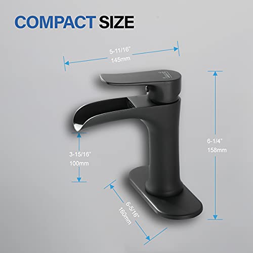 Waterfall Bathroom Faucet Black YUNDOOM Matte Black Bathroom Faucet with Pop Up Drain Single Handle One Hole or Three Holes Vanity Faucet Farmhouse RV Bathroom Vessel Basin Faucet Deck Mount