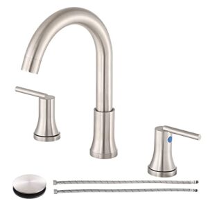 shaco brushed nickel bathroom faucet, bathroom faucets for sink 3 hole, 8 inch 360° swivel spout widespread vanity faucet, 2 handle bathroom sink faucet with supply hoses & overflow drain
