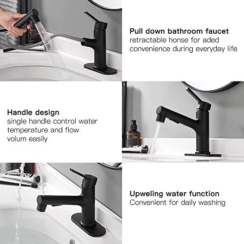 LAZ HOME Bathroom Sink Faucet with Pull Out Sprayer,Three Water Flow Modes Brass Single Handle Black Bathroom Basin Faucet for Hot and Cold Water Vanity Basin Faucet with Sprayer