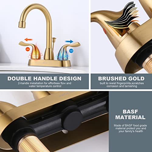 Brushed Gold Bathroom Faucet, ARCORA 4 inch Centerset Bathroom Faucet with Drain Assembly and Supply Lines, Gold Faucet for Bathroom Sink