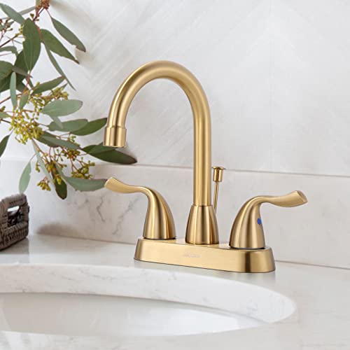 Brushed Gold Bathroom Faucet, ARCORA 4 inch Centerset Bathroom Faucet with Drain Assembly and Supply Lines, Gold Faucet for Bathroom Sink