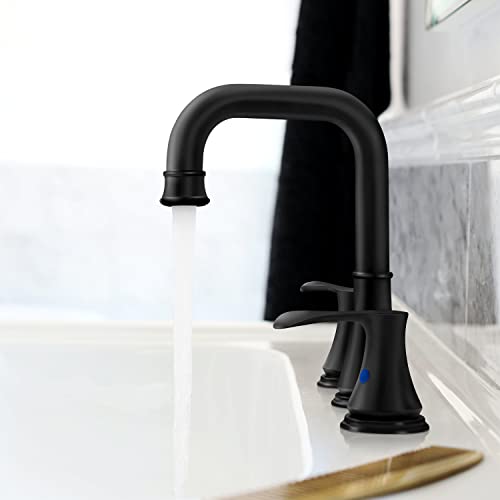 Bathroom Faucets, ARRISEA Bathroom Faucets for Sink 3 Hole Black Bathroom Sink Faucet with Built-in Strainer Pop-up Drain, 8 Inch Wide-Spread Faucet for Bathroom Sink, BF057-1-MB