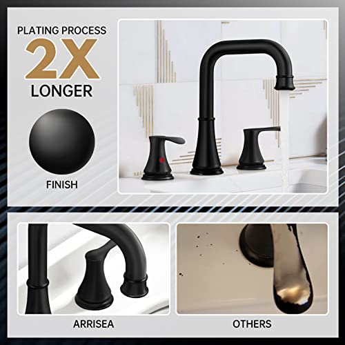 Bathroom Faucets, ARRISEA Bathroom Faucets for Sink 3 Hole Black Bathroom Sink Faucet with Built-in Strainer Pop-up Drain, 8 Inch Wide-Spread Faucet for Bathroom Sink, BF057-1-MB