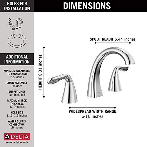 Delta Faucet Arvo Widespread Bathroom Faucet Chrome, Bathroom Faucet 3 Hole, Bathroom Sink Faucet, Drain Assembly Included, Chrome 35840LF