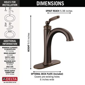 Delta Faucet Woodhurst Oil Rubbed Bronze Bathroom Faucet, Single Hole Bathroom Faucet, Single Handle Bathroom Sink Faucet, Diamond Seal Technology, Drain Assembly, Venetian Bronze 532-RBMPU-DST