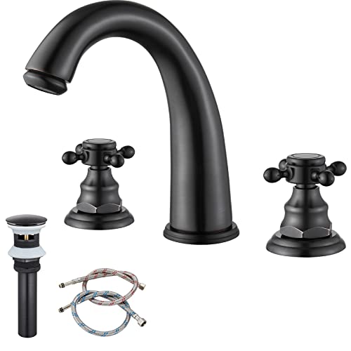 8 inch Widespread Bathroom Faucet 3 Hole Oil Rubbed Bronze Double Cross Handle Mixer Bathroom Sink Tap Deck Mount Hot Cold Water Matching Pop Up Drain with Overflow