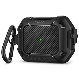 mobosi compatible with airpods pro case, secure lock clip full body shockproof hard shell protective, carbon fiber case cover with keychain for airpod pro (2019), black