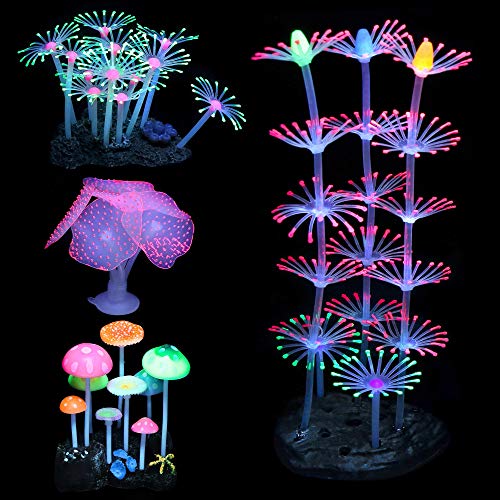 Filhome Glowing Fish Tank Decorations, 4 pcs Glow Aquarium Decoration Plants Kit Glowing Mushroom Coral Ornaments