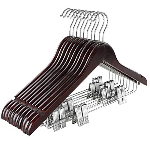 TOPIA HANGER Wooden Suit Hangers with Adjustable Metal Clips (10 Pack), Solid Wood Clothes Hangers, 360° Swivel Hook, Premium Pants Hangers for Clothes Coat, Jeans, Blouse- Cherry CT28M