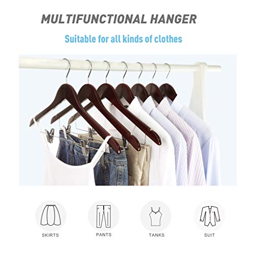 TOPIA HANGER Wooden Suit Hangers with Adjustable Metal Clips (10 Pack), Solid Wood Clothes Hangers, 360° Swivel Hook, Premium Pants Hangers for Clothes Coat, Jeans, Blouse- Cherry CT28M