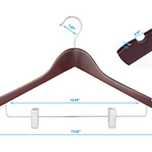 TOPIA HANGER Wooden Suit Hangers with Adjustable Metal Clips (10 Pack), Solid Wood Clothes Hangers, 360° Swivel Hook, Premium Pants Hangers for Clothes Coat, Jeans, Blouse- Cherry CT28M