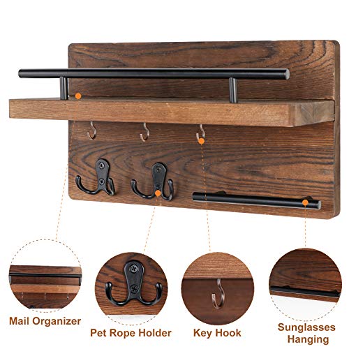 OurWarm Mail Key Holder for Wall Decorative, Wooden Mail Organizer Wall Mount with 5 Key Hooks, Wood Key Hangers for Wall with Mail Key Rack, Rustic Mail Sorter for Entryway Office Hallway Home Decor