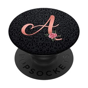 black leopard cheetah letter a initial monogram pink rose popsockets popgrip: swappable grip for phones & tablets