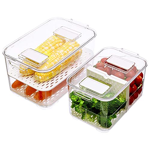SANNO Vegetable Fruit Containers Fridge Food Storage Produce Saver Container Stackable Refrigerator Freezer Organizer Fresh Keeper Drawers Organizer set of 2