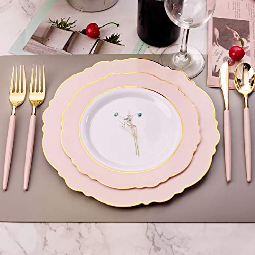 WDF 30Guest Pink Plastic Plates & Gold Plastic Silverware With Pink Handle-Baroque Pink &Gold Plastic Dinnerware for Upscale Wedding &Parties, Mother's Day