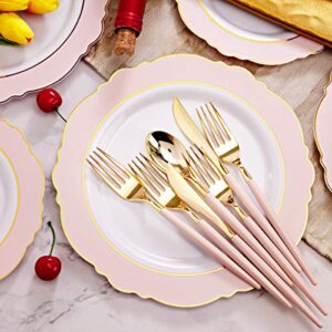 WDF 30Guest Pink Plastic Plates & Gold Plastic Silverware With Pink Handle-Baroque Pink &Gold Plastic Dinnerware for Upscale Wedding &Parties, Mother's Day