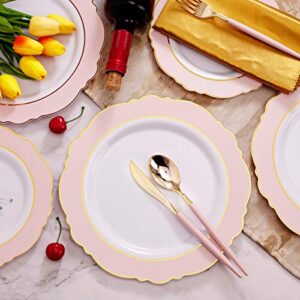 WDF 30Guest Pink Plastic Plates & Gold Plastic Silverware With Pink Handle-Baroque Pink &Gold Plastic Dinnerware for Upscale Wedding &Parties, Mother's Day