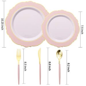 WDF 30Guest Pink Plastic Plates & Gold Plastic Silverware With Pink Handle-Baroque Pink &Gold Plastic Dinnerware for Upscale Wedding &Parties, Mother's Day