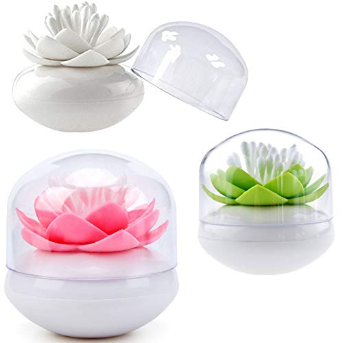 JforSJizT 3pcs Lotus Cotton Swab Holder,Q-Tips Toothpicks Canisters Holder with Clear Lid Dustproof Cover,Cotton Bud Brushes Holder Box Case Storage Organizer Jar(Green + Pink + White