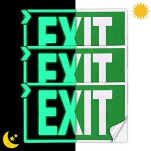 exit signs glow in the dark exit decals 3 pack 12"x7" exit photoluminescent signs stickers, glows for up to 8 hours