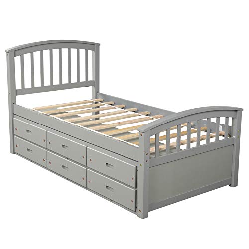 Harper & Bright Designs Twin Size Platform Storage Bed Solid Wood Captains Bed with 6 Drawers, No Box Spring Needed