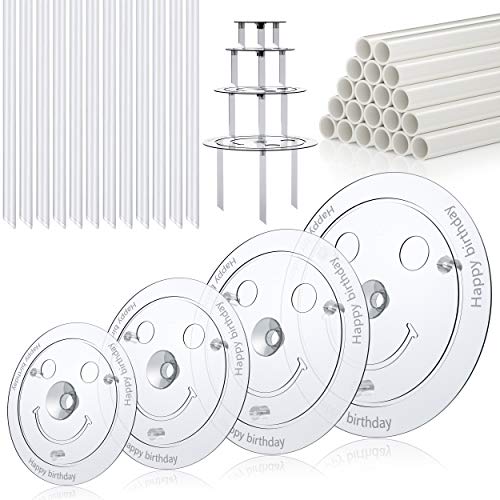 Cake tier stacking kit - 20 Pieces White Plastic Cake Sticks Support Rods with 4 Pieces Cake Separator Plates for 4, 6, 8, 10 Inch Cakes and 12 Pieces Clear Cake Stacking Dowels for Tiered Cakes