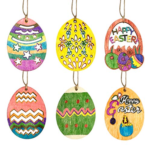 Anditoy 30 PCS Easter Wooden Hanging Ornaments Unfinished Wood Slices Eggs Easter Crafts for Kids DIY Easter Decorations Party Supplies Decor