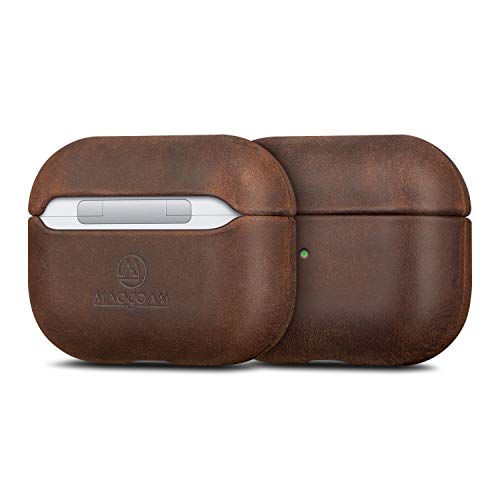 AirPods Pro Leather Case Cover, MAOGOAM Genuine Vintage Oil Wax Crazy Horse Cowhide Leather Case Cover for Airpods Pro 2019, Indiana Jones Style, Handcrafted Fully, The Front LED Visible, Dark Brown