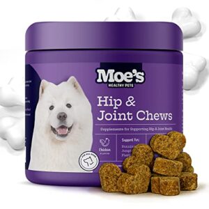 moe's glucosamine dog joint supplement + glucosamine, chondroitin, hyaluronic acid, vitamin c, e – bone health - joint pain relief - advanced hip & joint care - 90 chews - made in usa – all breeds