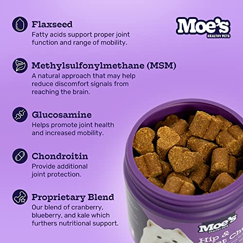 Moe's Glucosamine Dog Joint Supplement + Glucosamine, Chondroitin, Hyaluronic Acid, Vitamin C, E – Bone Health - Joint Pain Relief - Advanced Hip & Joint Care - 90 Chews - Made in USA – All Breeds