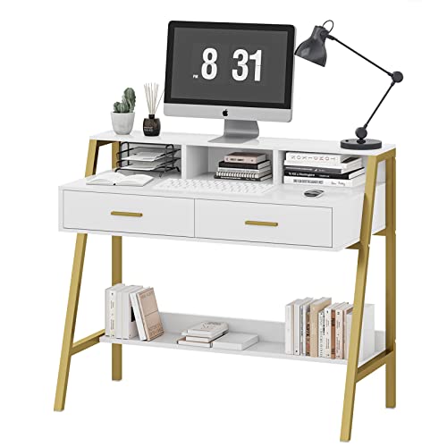 Tiptiper Computer Desk with Drawers, 41 Inches Modern Home Office Desk with Storage Shelf & Monitor Stand, Simple Style Study Writing Table Laptop PC Workstation, Metal Frame, White and Gold