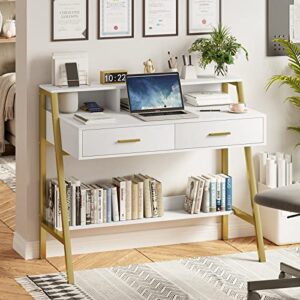 Tiptiper Computer Desk with Drawers, 41 Inches Modern Home Office Desk with Storage Shelf & Monitor Stand, Simple Style Study Writing Table Laptop PC Workstation, Metal Frame, White and Gold