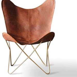 Shy Shy Let’s Touch The Sky Leather Living Room Chairs-Butterfly Chair Brown Leather Butterfly Chair-Handmade with Powder Coated Folding Iron Frame (Cover with Folding Frame) (Golden Frame)