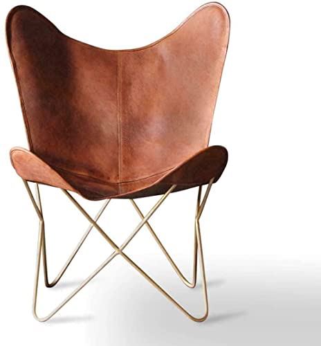 Shy Shy Let’s Touch The Sky Leather Living Room Chairs-Butterfly Chair Brown Leather Butterfly Chair-Handmade with Powder Coated Folding Iron Frame (Cover with Folding Frame) (Golden Frame)