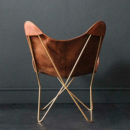 Shy Shy Let’s Touch The Sky Leather Living Room Chairs-Butterfly Chair Brown Leather Butterfly Chair-Handmade with Powder Coated Folding Iron Frame (Cover with Folding Frame) (Golden Frame)