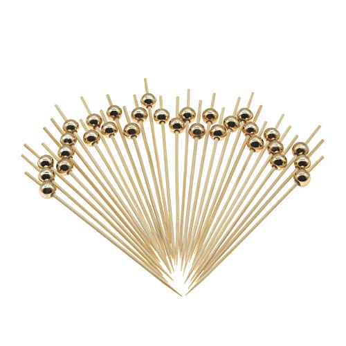 Minisland Gold Pearl Bamboo Cocktail Picks 4.7 Inch Long Fancy Toothpicks for Appetizers Drinks Fruits Party Food Garnish Skewer Sticks 100 Counts- MSL150