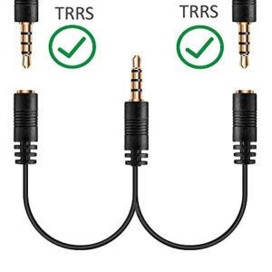 1 TRRS Jack to 2 TRRS Adapter, Splits 1 TRRS Phone/PC Jack into 2 TRRS Jacks for Headphone with Mic Compatible with iPhone, Samsung, PC, Mac, Rode SmartLav+ & Other 4-Pole Devices